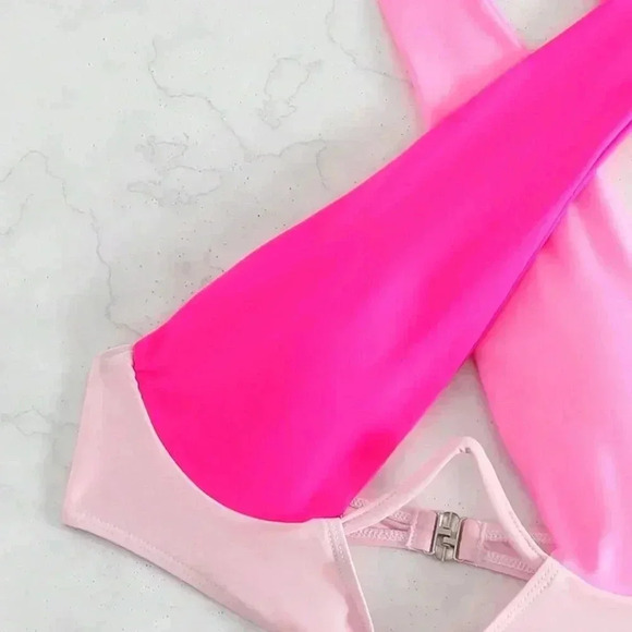 Pink Sexy Women's Beach Colorblock Cut-Out Halter One Piece Swimsuit - Picture 5 of 7